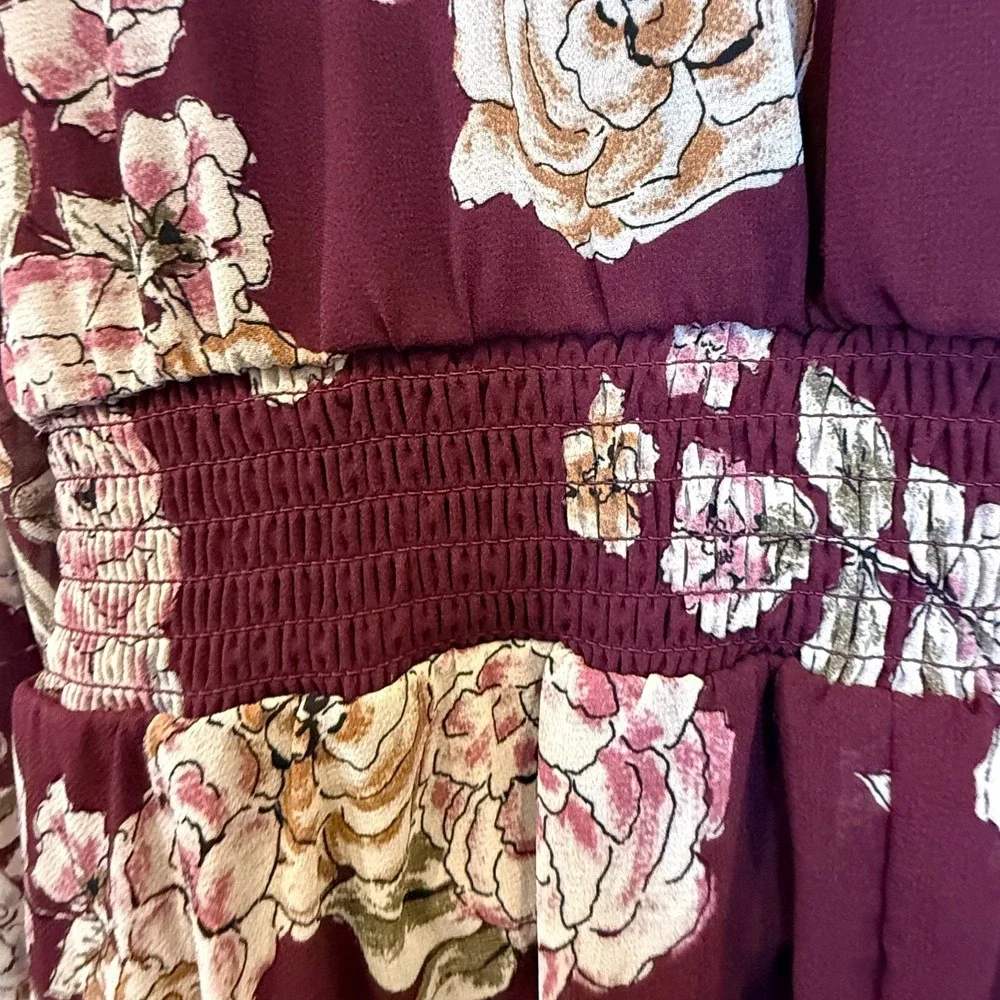 Maurices XXL Burgundy Floral Ruffle Faux Wrap Dress Long Sleeve Boho Midi - Picture 3 of 16